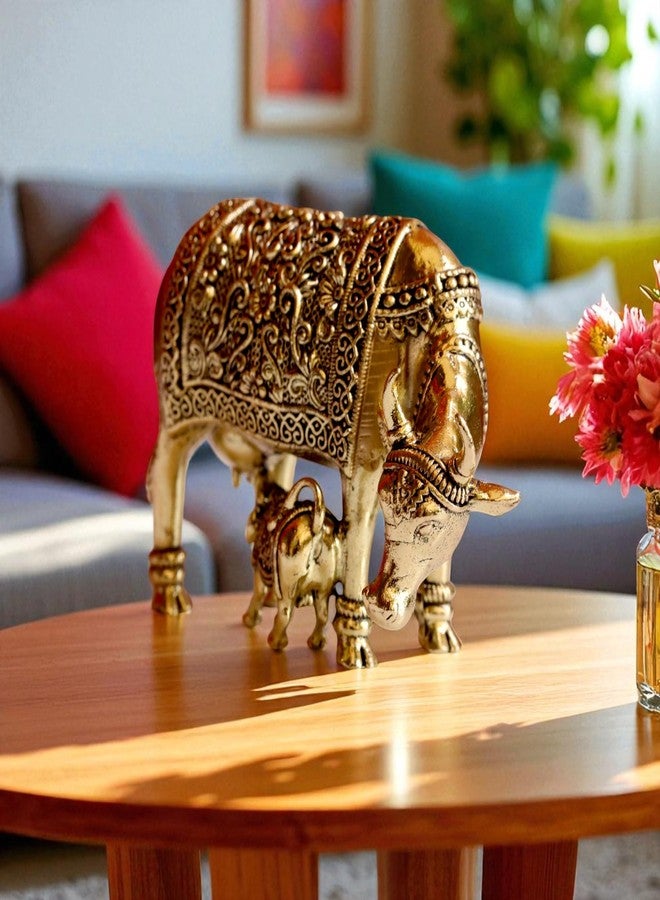RAISOM Pure Brass Kamdhenu Cow with Calf Idol | Small Size Kamdhenu Gau MATA Sculpture for Showpiece, Temple, Gifting | Hand Engraved Design with Everlasting Shine | Height: 2", Weight: 120 GMS - Image 5